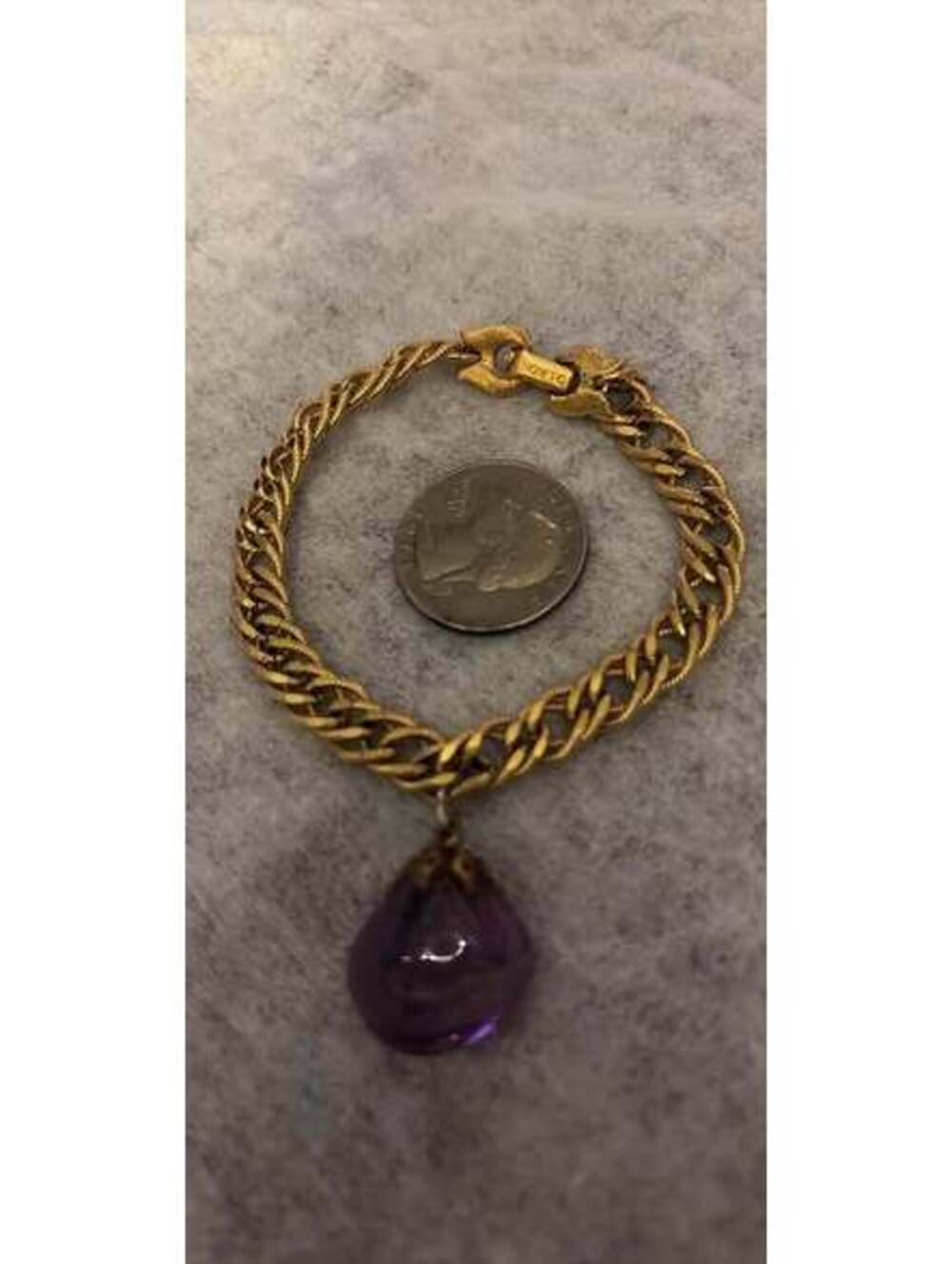Vintage Monet Gold Tone Chain Bracelet with Purple Rock Teardrop Charm